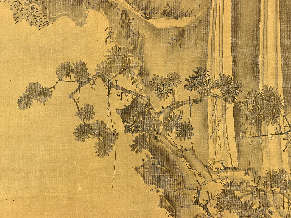 狩野常信 Kano Tsunenobu (1636-1713) Japanese antique art Paired kakejiku kakemono wall hanging scrolls / Broken Ink Landscape (Haboku Sansui) - Ink Landscape Pine Waterfall Jurojin (God of Longevity) with Box RA961 - Image 14