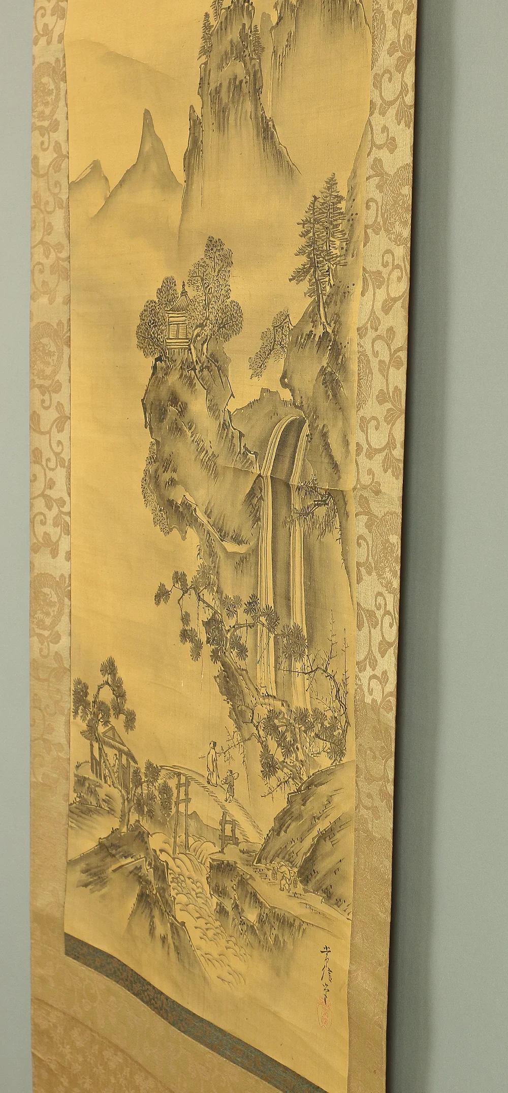 狩野常信 Kano Tsunenobu (1636-1713) Japanese antique art Paired kakejiku kakemono wall hanging scrolls / Broken Ink Landscape (Haboku Sansui) - Ink Landscape Pine Waterfall Jurojin (God of Longevity) with Box RA961 - Image 20