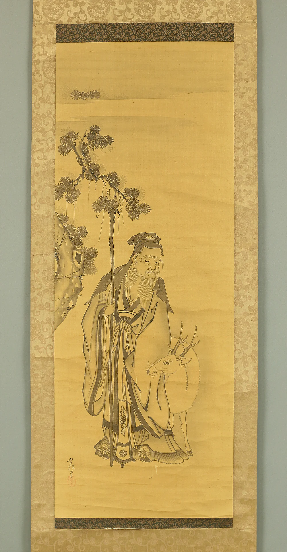 狩野常信 Kano Tsunenobu (1636-1713) Japanese antique art Paired kakejiku kakemono wall hanging scrolls / Broken Ink Landscape (Haboku Sansui) - Ink Landscape Pine Waterfall Jurojin (God of Longevity) with Box RA961 - Image 22