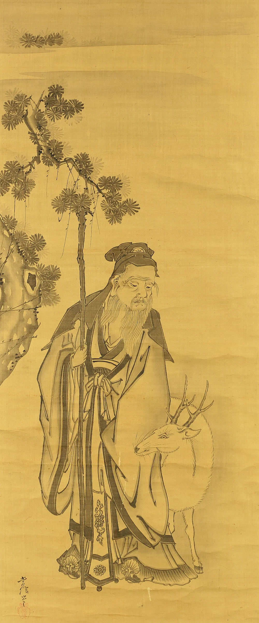 狩野常信 Kano Tsunenobu (1636-1713) Japanese antique art Paired kakejiku kakemono wall hanging scrolls / Broken Ink Landscape (Haboku Sansui) - Ink Landscape Pine Waterfall Jurojin (God of Longevity) with Box RA961 - Image 24