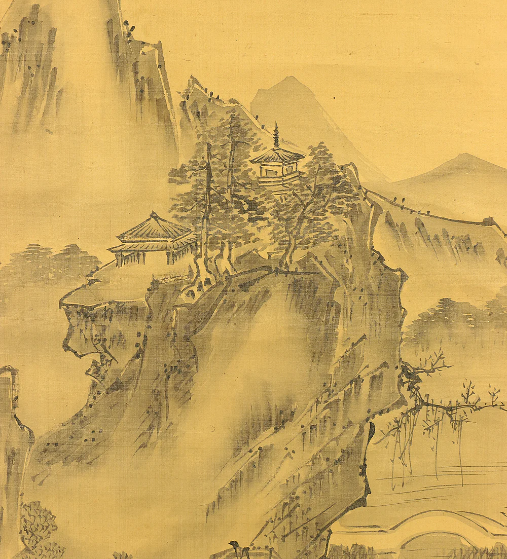 狩野常信 Kano Tsunenobu (1636-1713) Japanese antique art Paired kakejiku kakemono wall hanging scrolls / Broken Ink Landscape (Haboku Sansui) - Ink Landscape Pine Waterfall Jurojin (God of Longevity) with Box RA961 - Image 43
