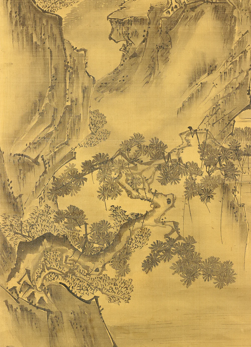 狩野常信 Kano Tsunenobu (1636-1713) Japanese antique art Paired kakejiku kakemono wall hanging scrolls / Broken Ink Landscape (Haboku Sansui) - Ink Landscape Pine Waterfall Jurojin (God of Longevity) with Box RA961 - Image 49