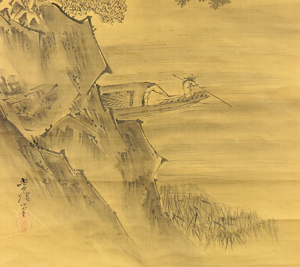 狩野常信 Kano Tsunenobu (1636-1713) Japanese antique art Paired kakejiku kakemono wall hanging scrolls / Broken Ink Landscape (Haboku Sansui) - Ink Landscape Pine Waterfall Jurojin (God of Longevity) with Box RA961 - Image 53