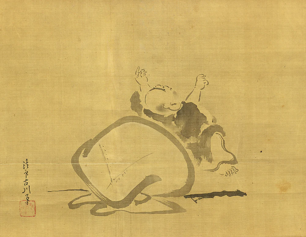 狩野常信 Kano Tsunenobu (1636-1713) Japanese art kakejiku kakemono wall hanging scroll / Hotei with Box RB128 - Image 5