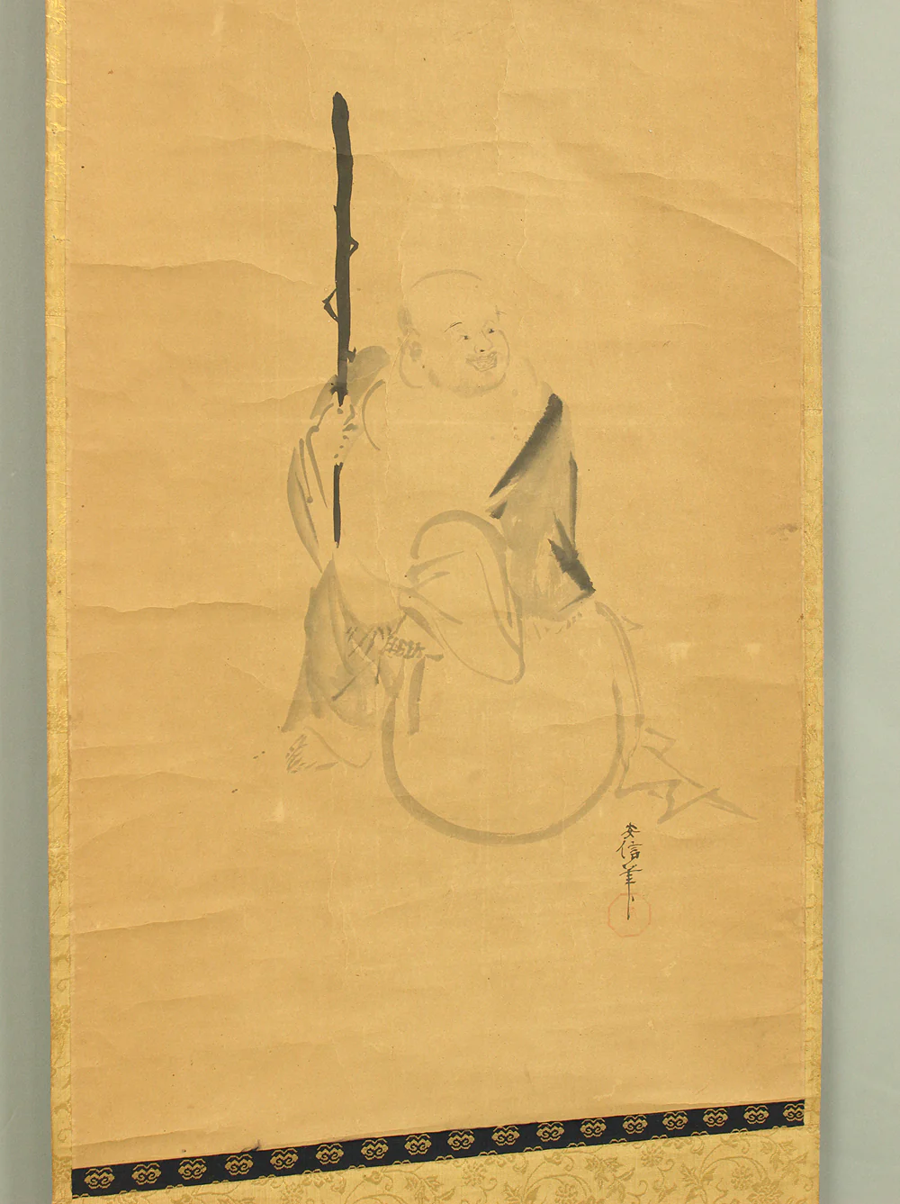 狩野安信 Kano Yasunobu (1614-1685) Japanese antique art kakejiku kakemono wall hanging scroll / Suiboku Ink Hotei Sitting on Sack with Box RD214 - Image 13