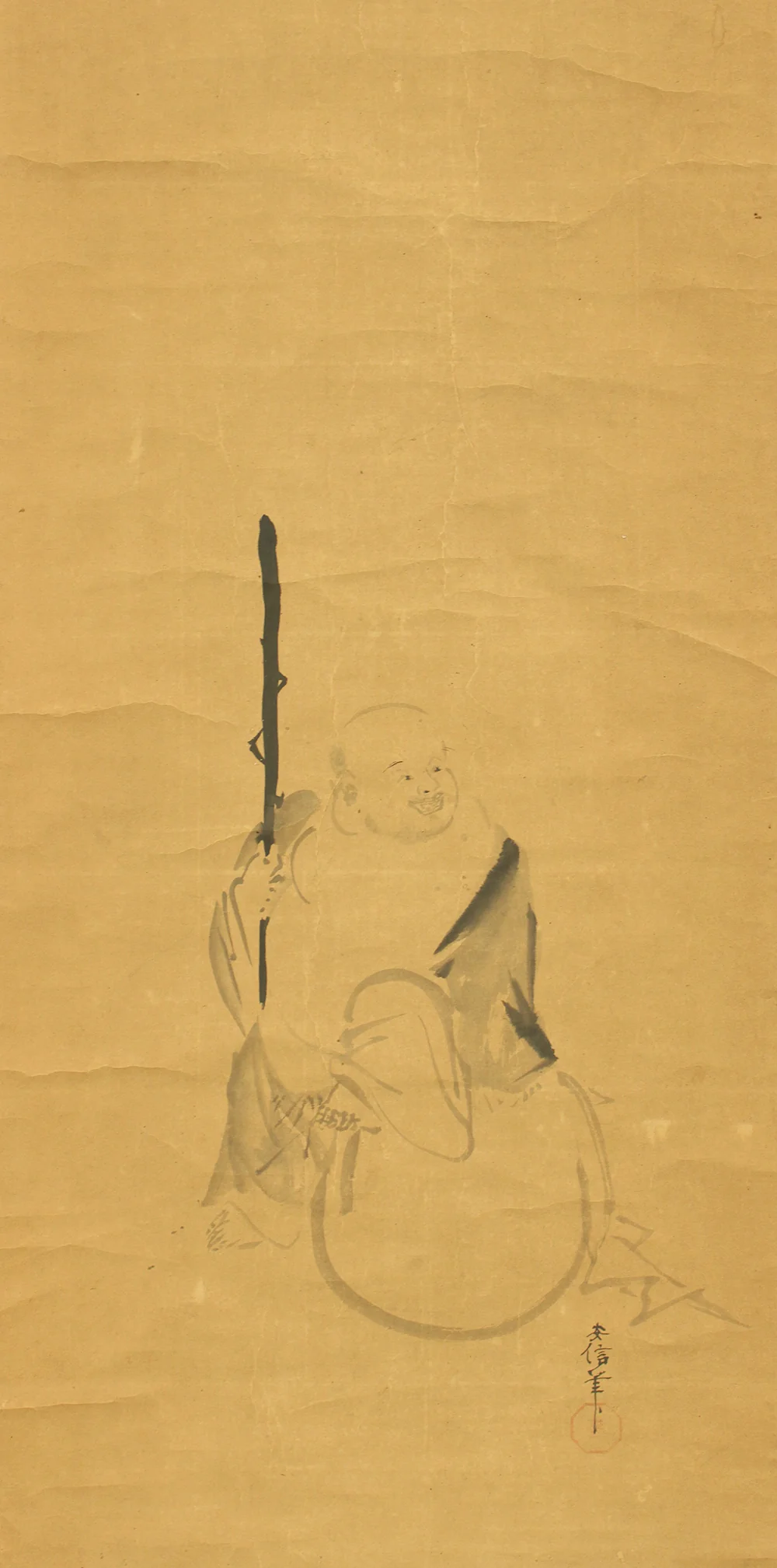 狩野安信 Kano Yasunobu (1614-1685) Japanese antique art kakejiku kakemono wall hanging scroll / Suiboku Ink Hotei Sitting on Sack with Box RD214 - Image 4