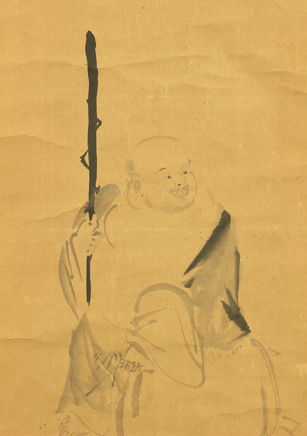 狩野安信 Kano Yasunobu (1614-1685) Japanese antique art kakejiku kakemono wall hanging scroll / Suiboku Ink Hotei Sitting on Sack with Box RD214 - Image 5