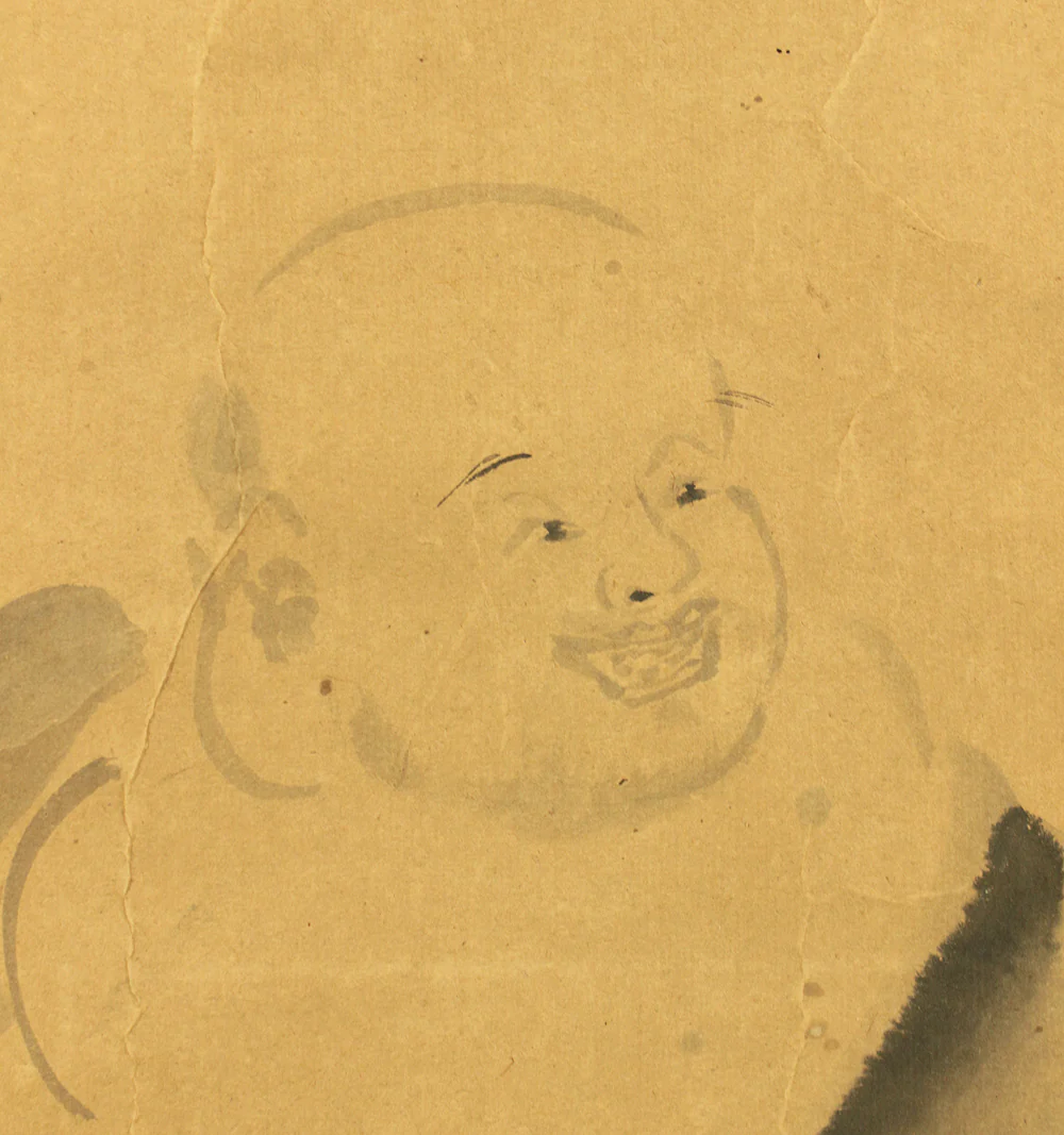 狩野安信 Kano Yasunobu (1614-1685) Japanese antique art kakejiku kakemono wall hanging scroll / Suiboku Ink Hotei Sitting on Sack with Box RD214 - Image 6