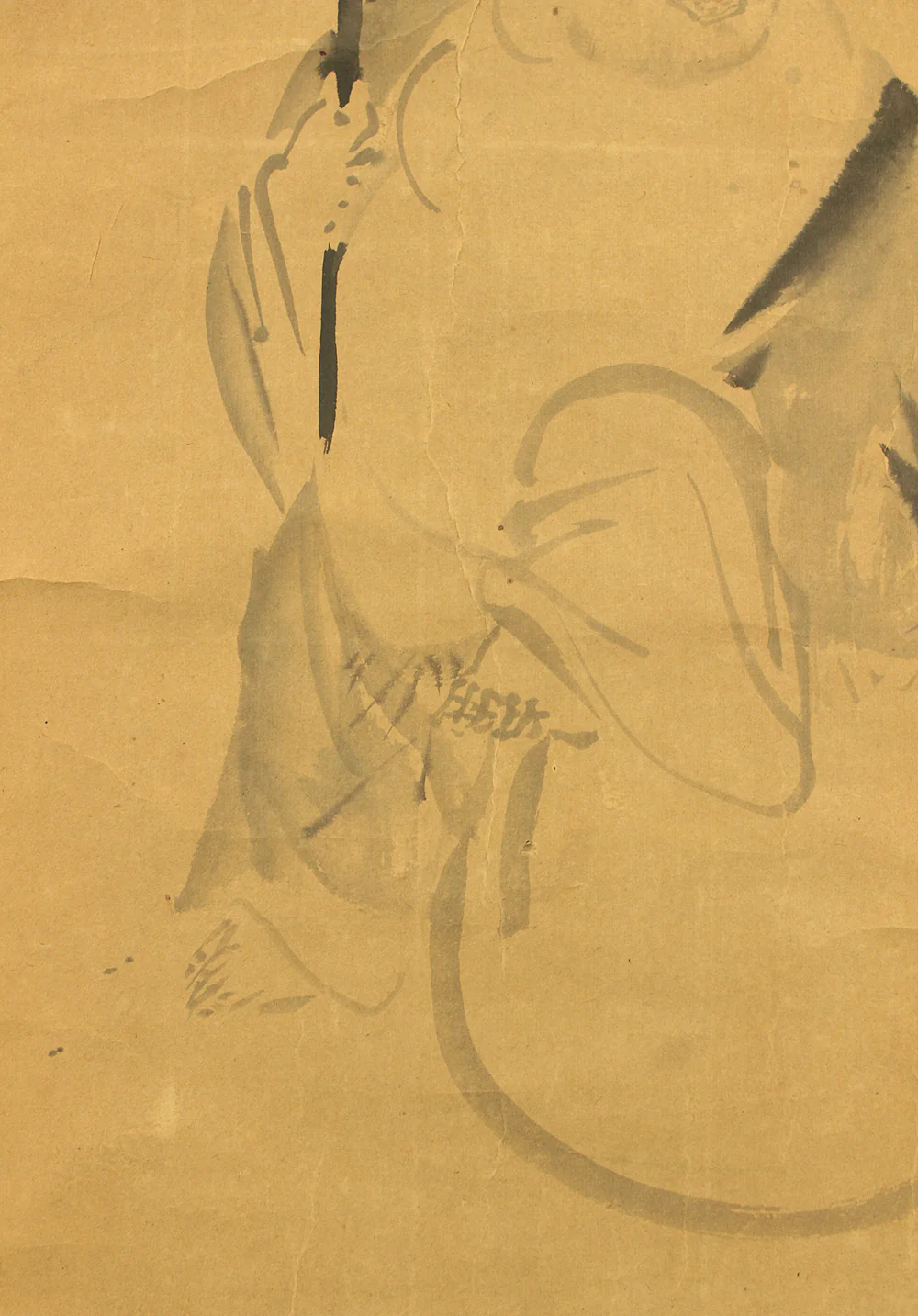 狩野安信 Kano Yasunobu (1614-1685) Japanese antique art kakejiku kakemono wall hanging scroll / Suiboku Ink Hotei Sitting on Sack with Box RD214 - Image 8