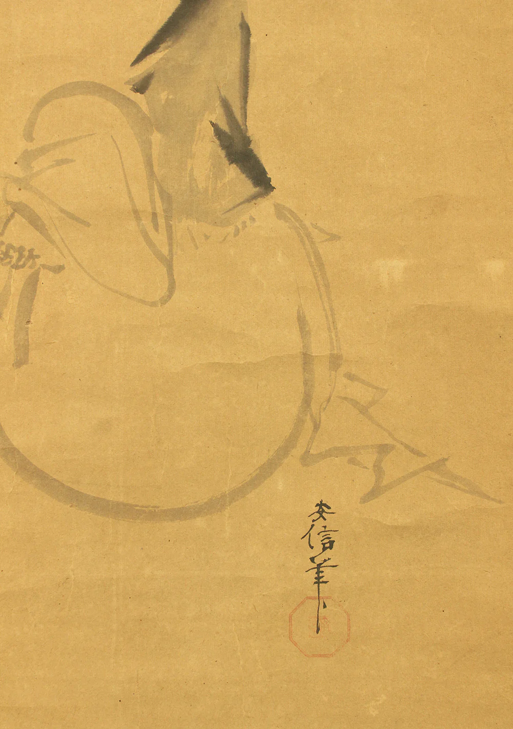 狩野安信 Kano Yasunobu (1614-1685) Japanese antique art kakejiku kakemono wall hanging scroll / Suiboku Ink Hotei Sitting on Sack with Box RD214 - Image 9