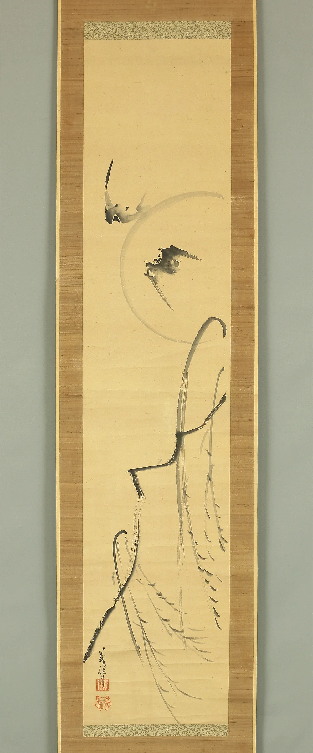 義信 Yoshinobu (Kano school) Japanese art kakejiku kakemono wall hanging scroll / Two Bats, Moon, and Willow RB248 - Image 3