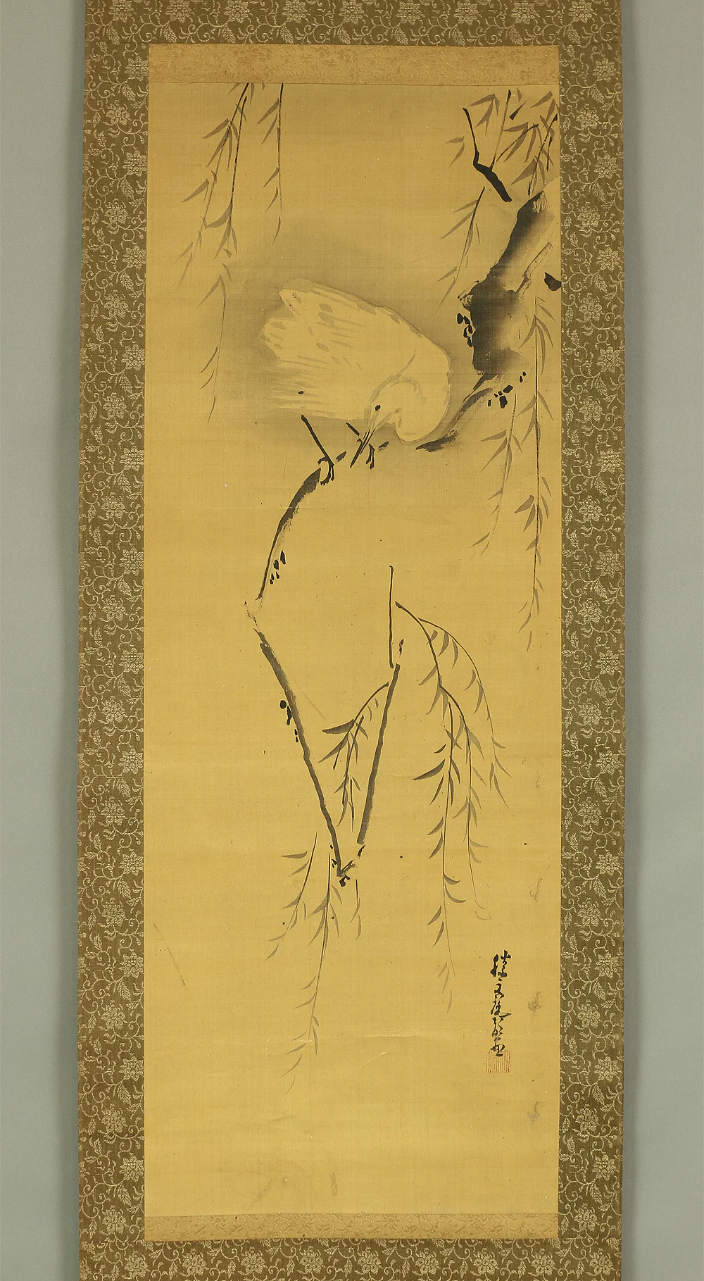 加藤文麗 Kato Bunrei (1706-1782) Japanese antique art kakejiku kakemono wall hanging scroll / Willow Trees and Heron RB876