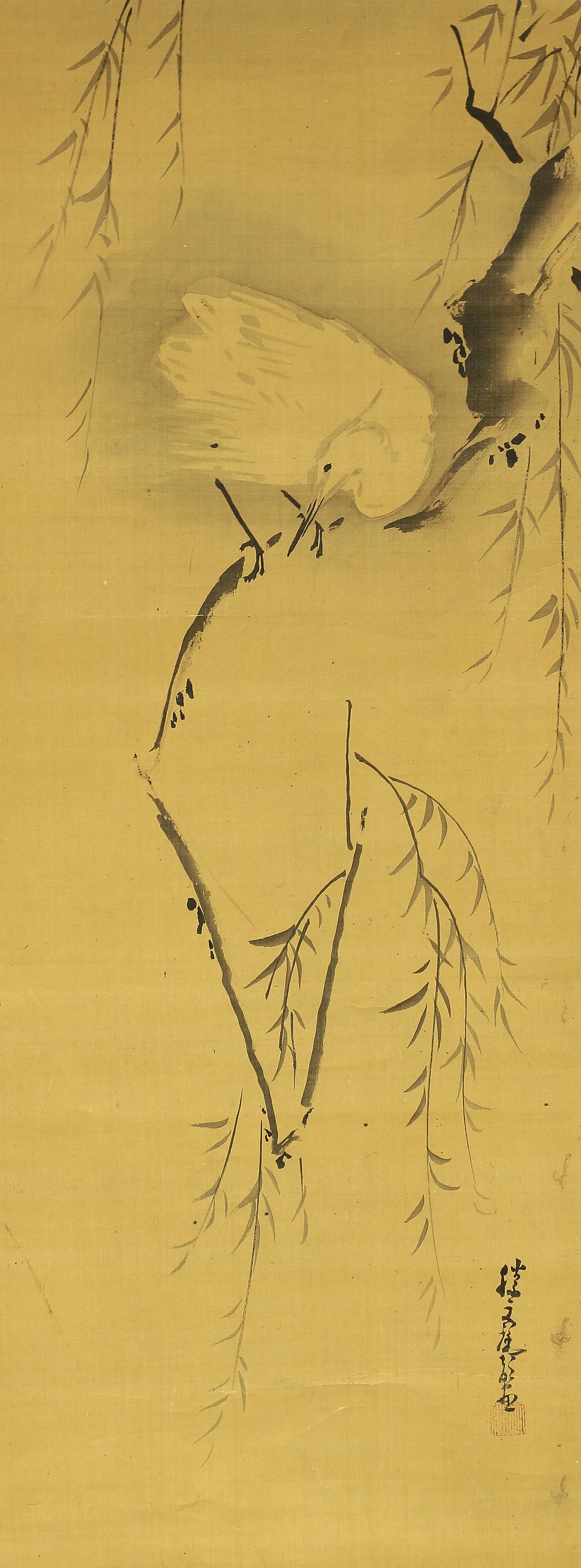 加藤文麗 Kato Bunrei (1706-1782) Japanese antique art kakejiku kakemono wall hanging scroll / Willow Trees and Heron RB876 - Image 4