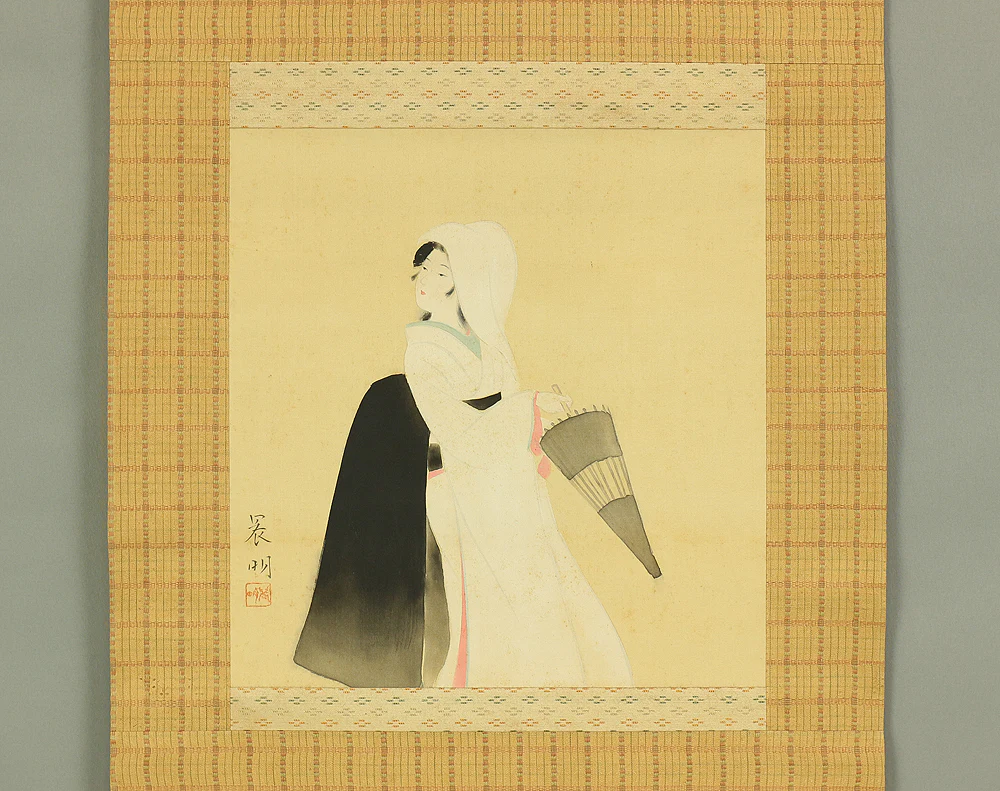 加藤晨明 Kato Shinmei (1910-1998) Japanese art kakejiku kakemono wall hanging scroll / Beautiful Woman with Umbrella White Kimono with Box RB994