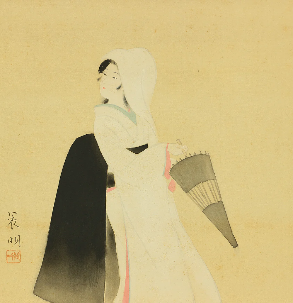 加藤晨明 Kato Shinmei (1910-1998) Japanese art kakejiku kakemono wall hanging scroll / Beautiful Woman with Umbrella White Kimono with Box RB994 - Image 4