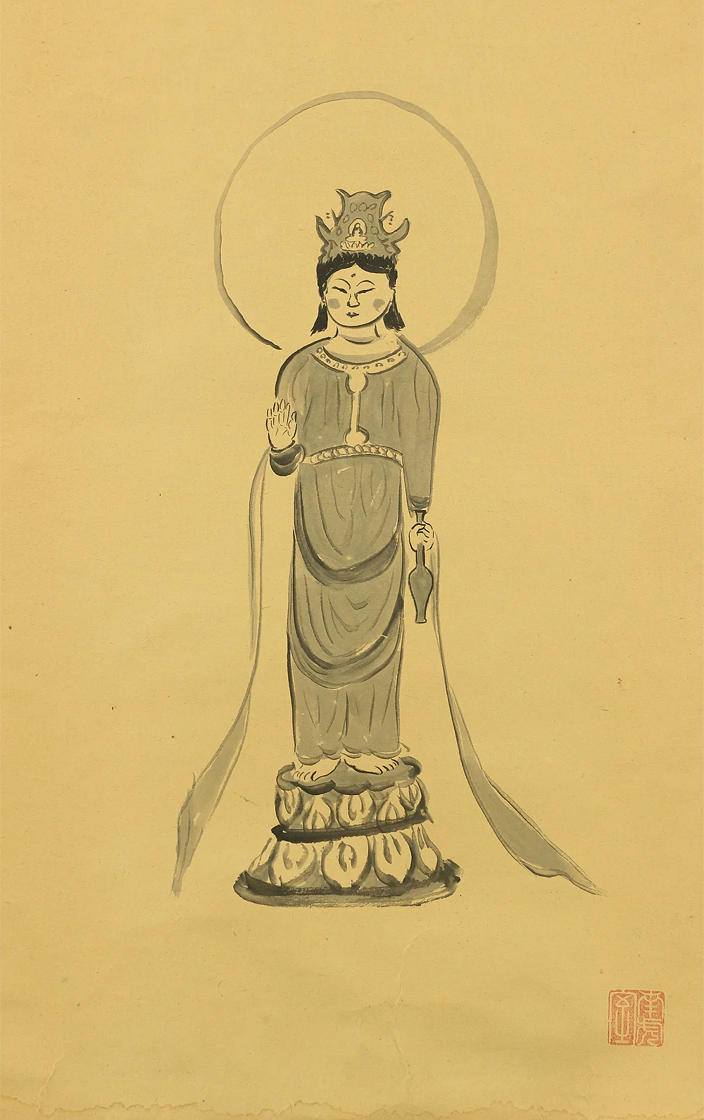 勝平宗徹 KATSUHIRA SOTETSU (1922-1983) Japanese Buddhism kakejiku kakemono wall hanging scroll / Heart sutra 摩訶般若波羅蜜多心経 Maka Hannya Haramita Shingyo & Kannon bosatsu W448 - Image 8