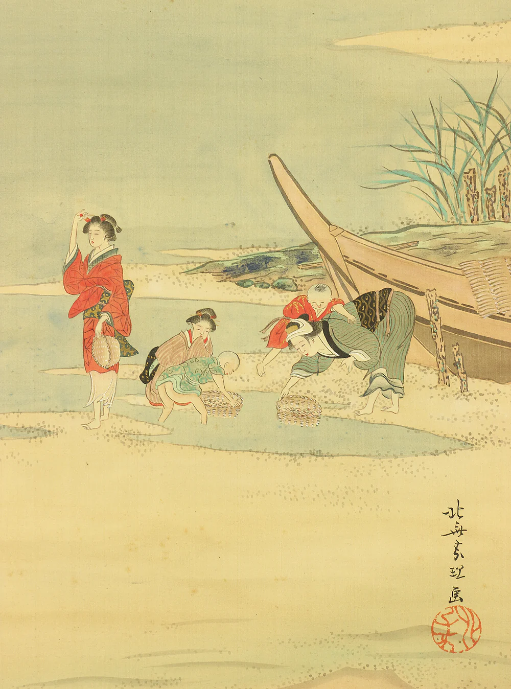 葛飾北斎 Katsushika Hokusai (1760-1849) Japanese antique art kakejiku kakemono wall hanging scroll / Digging for clams on the beach W936 - Image 10