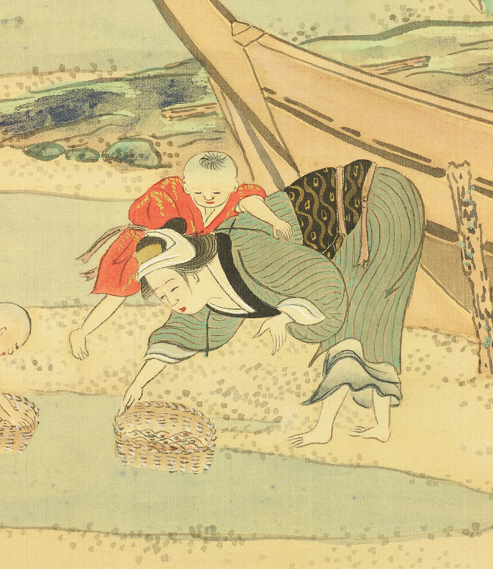葛飾北斎 Katsushika Hokusai (1760-1849) Japanese antique art kakejiku kakemono wall hanging scroll / Digging for clams on the beach W936 - Image 12