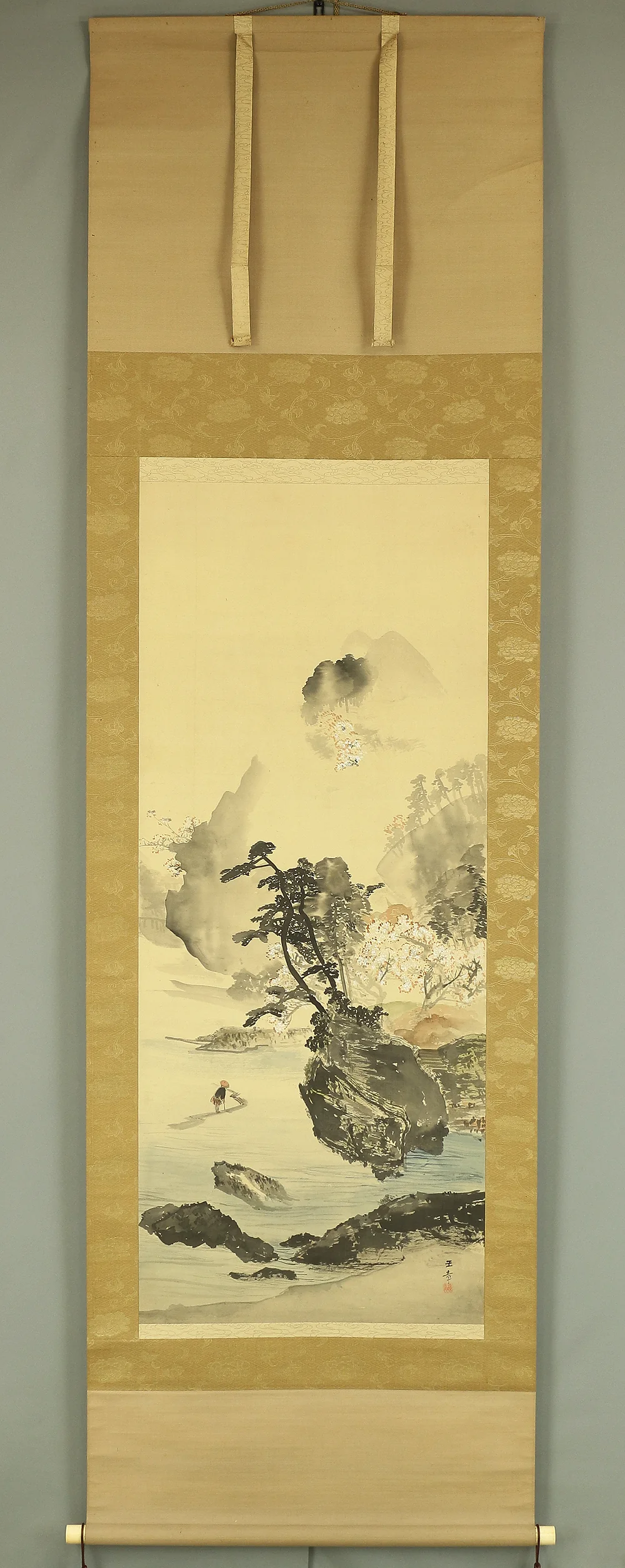 川端玉章 Kawabata Gyokusho (1842-1913) Japanese antique art kakejiku kakemono wall hanging scroll / Kyoto Arashiyama Cherry Blossoms Scenery with Appraised Box by 川端茂章 Kawabata Shigeaki (1883-?) 川端玉雪 (b1880) Kawabata Gyokusetsu RB410 - Image 2