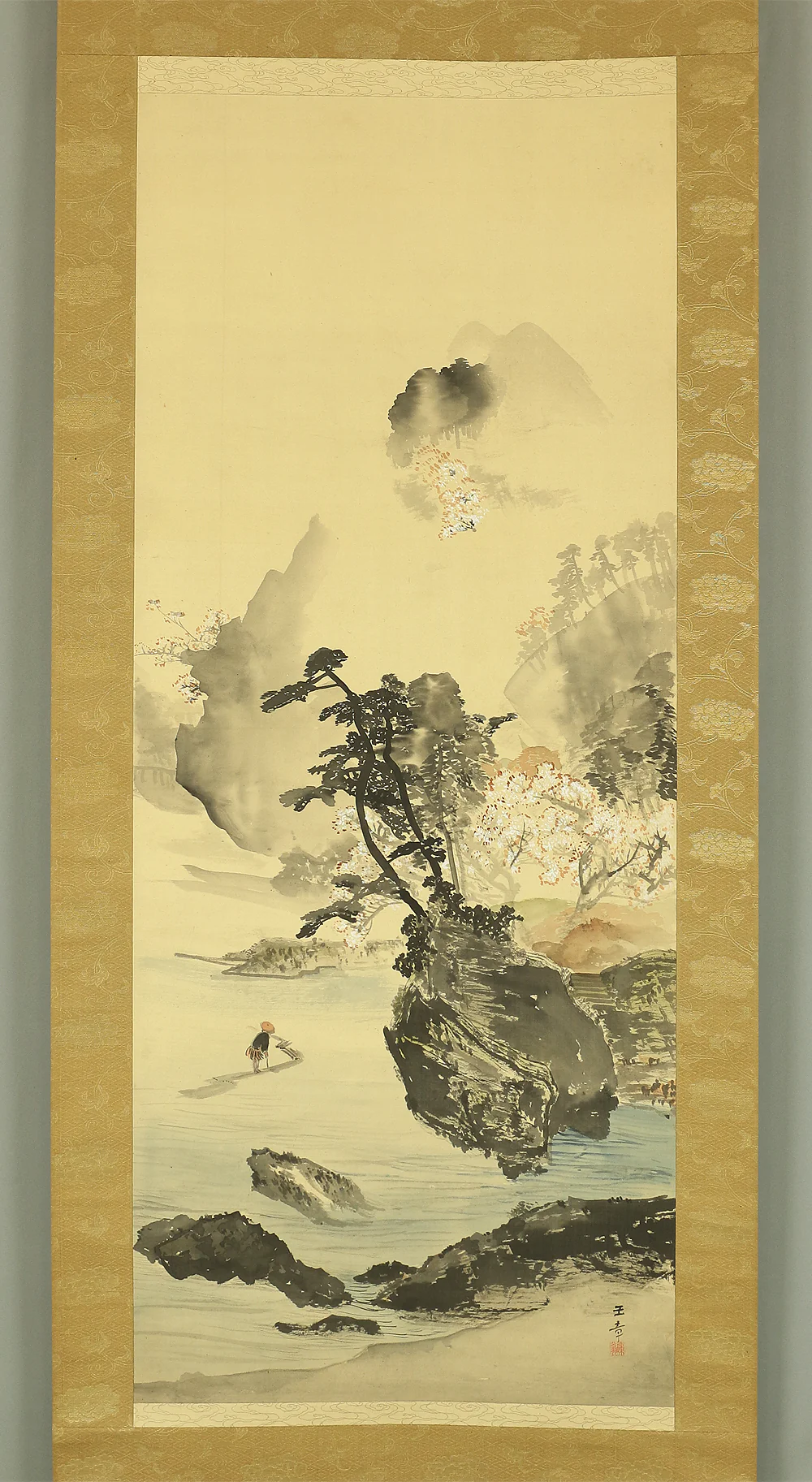 川端玉章 Kawabata Gyokusho (1842-1913) Japanese antique art kakejiku kakemono wall hanging scroll / Kyoto Arashiyama Cherry Blossoms Scenery with Appraised Box by 川端茂章 Kawabata Shigeaki (1883-?) 川端玉雪 (b1880) Kawabata Gyokusetsu RB410 - Image 3