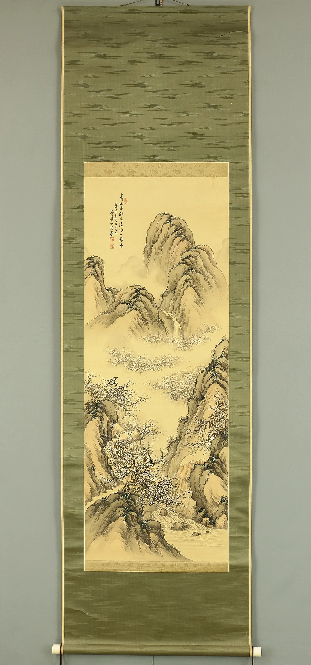 河辺青蘭 Kawabe Seiran (1868-1931) Japanese art kakejiku kakemono wall hanging scroll / Plum Trees Waterfall Village in Deep Mountain Landscape with Original Box (Tomobako) A860 - Image 2