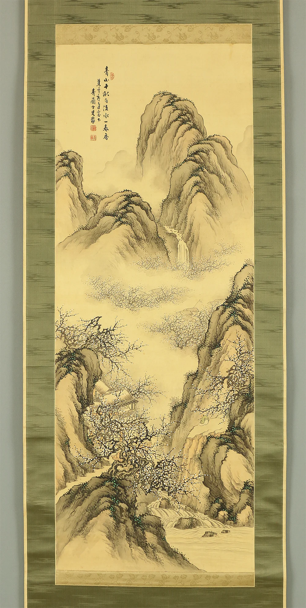 河辺青蘭 Kawabe Seiran (1868-1931) Japanese art kakejiku kakemono wall hanging scroll / Plum Trees Waterfall Village in Deep Mountain Landscape with Original Box (Tomobako) A860 - Image 3