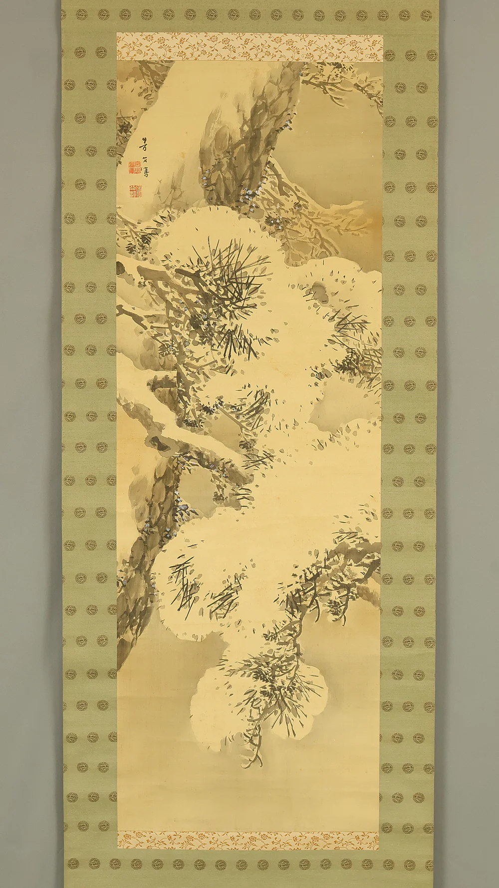 菊池芳文 Kikuchi Hobun (1862-1918) Japanese art kakejiku kakemono wall hanging scroll / Pine Tree Covered in Snow with Box RE887
