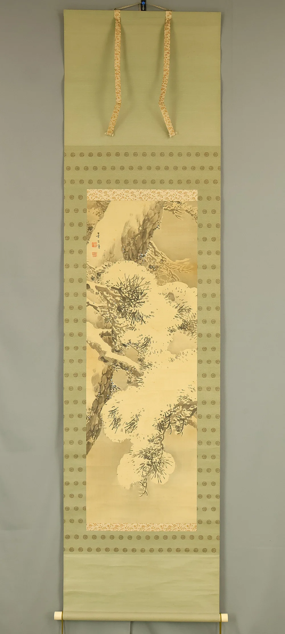 菊池芳文 Kikuchi Hobun (1862-1918) Japanese art kakejiku kakemono wall hanging scroll / Pine Tree Covered in Snow with Box RE887 - Image 2