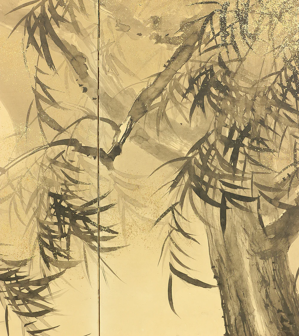 木村光年 Kimura Konen (b 1877) Byobu Folding Screen Room divider Two panels / 'Moon, Willow Tree, and Waterside Raccoon Dog' VA353 - Image 10