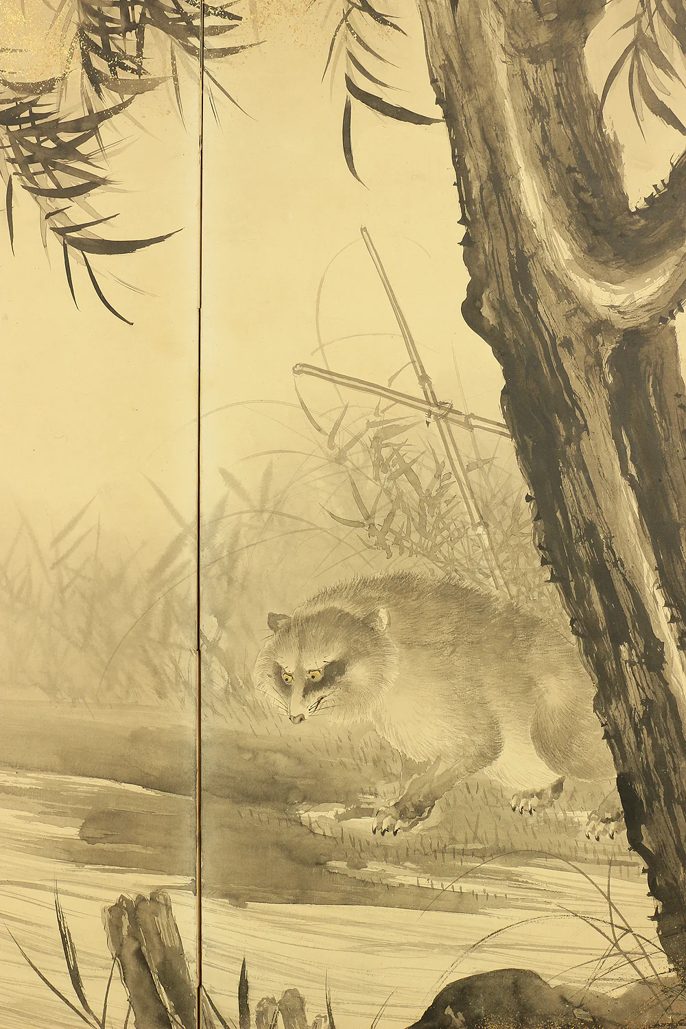 木村光年 Kimura Konen (b 1877) Byobu Folding Screen Room divider Two panels / 'Moon, Willow Tree, and Waterside Raccoon Dog' VA353 - Image 12