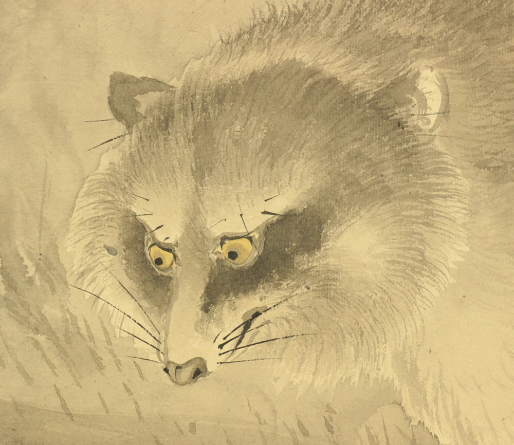 木村光年 Kimura Konen (b 1877) Byobu Folding Screen Room divider Two panels / 'Moon, Willow Tree, and Waterside Raccoon Dog' VA353 - Image 14