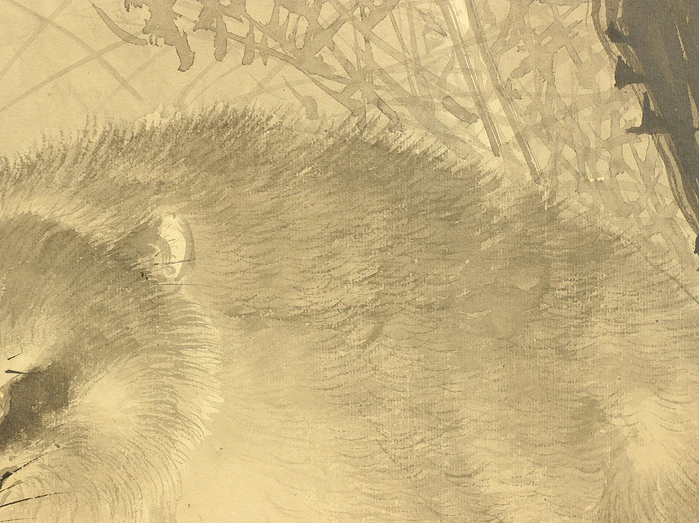 木村光年 Kimura Konen (b 1877) Byobu Folding Screen Room divider Two panels / 'Moon, Willow Tree, and Waterside Raccoon Dog' VA353 - Image 15