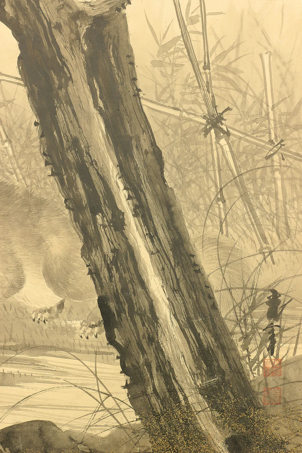 木村光年 Kimura Konen (b 1877) Byobu Folding Screen Room divider Two panels / 'Moon, Willow Tree, and Waterside Raccoon Dog' VA353 - Image 17