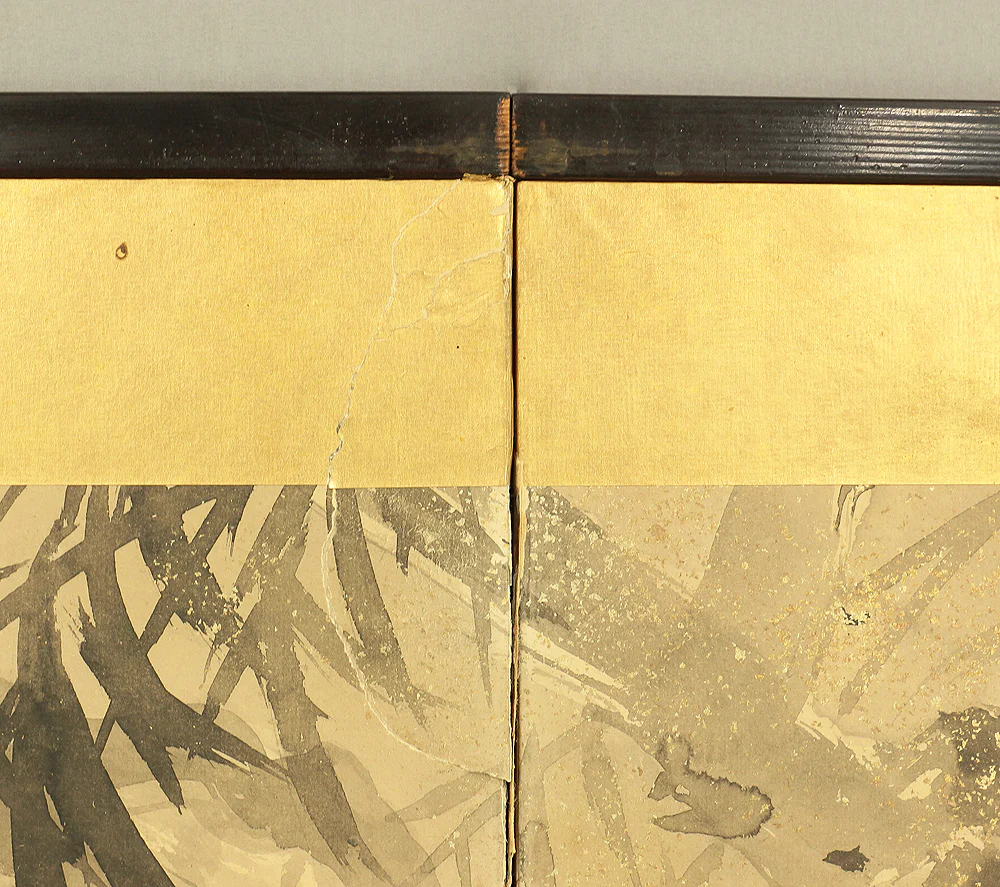 木村光年 Kimura Konen (b 1877) Byobu Folding Screen Room divider Two panels / 'Moon, Willow Tree, and Waterside Raccoon Dog' VA353 - Image 21