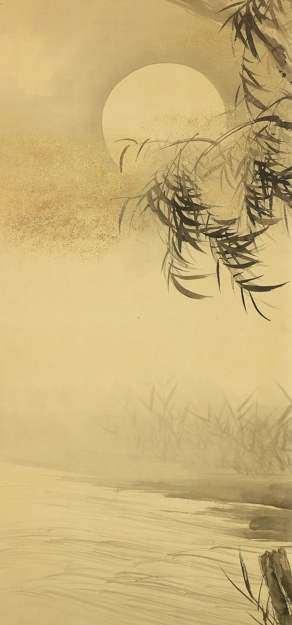 木村光年 Kimura Konen (b 1877) Byobu Folding Screen Room divider Two panels / 'Moon, Willow Tree, and Waterside Raccoon Dog' VA353 - Image 4