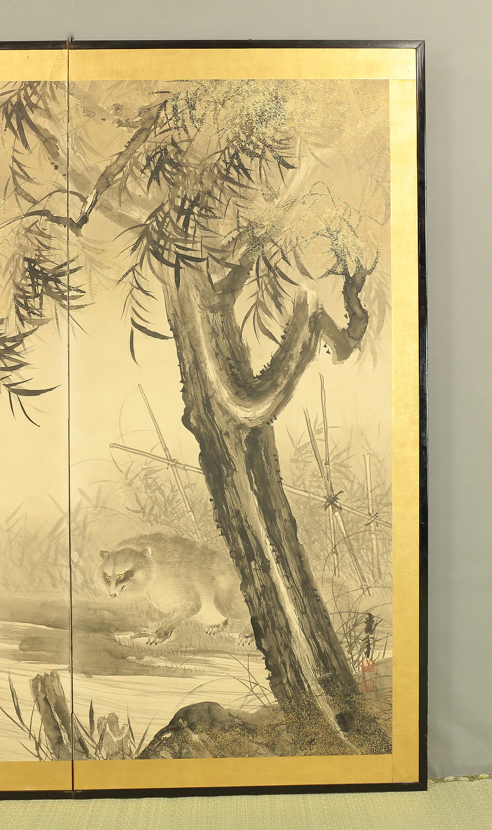 木村光年 Kimura Konen (b 1877) Byobu Folding Screen Room divider Two panels / 'Moon, Willow Tree, and Waterside Raccoon Dog' VA353 - Image 8