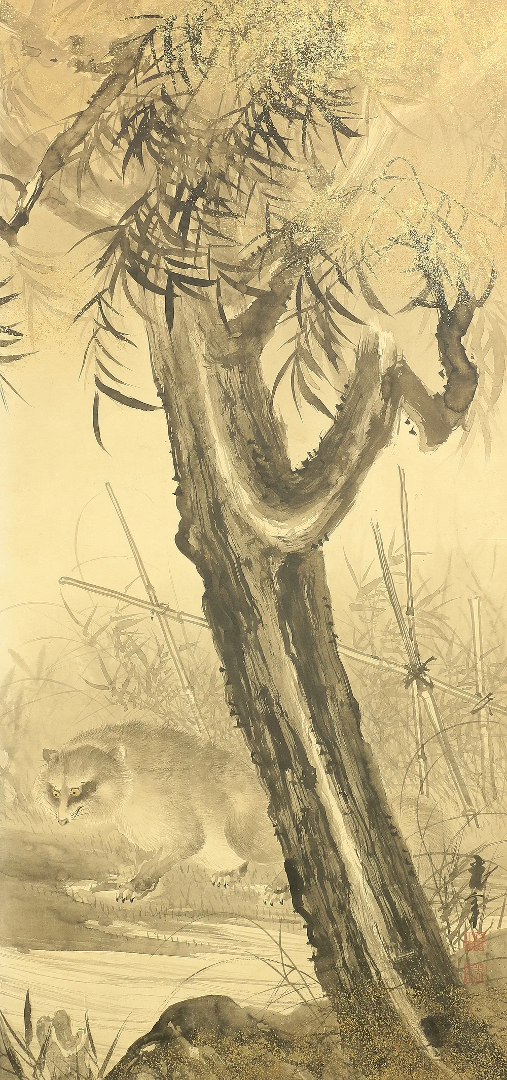 木村光年 Kimura Konen (b 1877) Byobu Folding Screen Room divider Two panels / 'Moon, Willow Tree, and Waterside Raccoon Dog' VA353 - Image 9