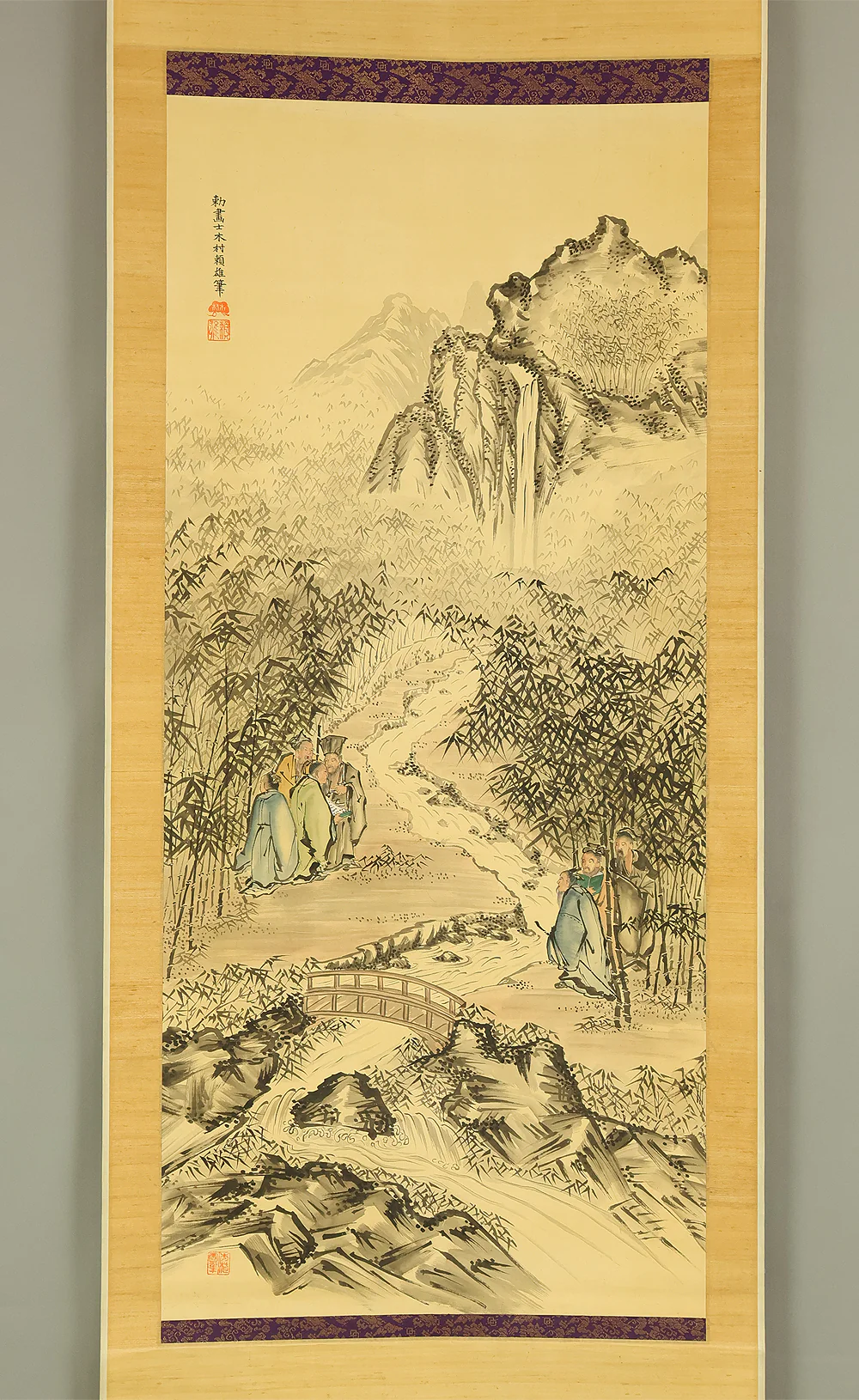 木村頼雄 Kimura Raiyu Japanese art kakejiku kakemono wall hanging scroll / Seven Sages in Bamboo Grove and Valley Landscape with Box RE132