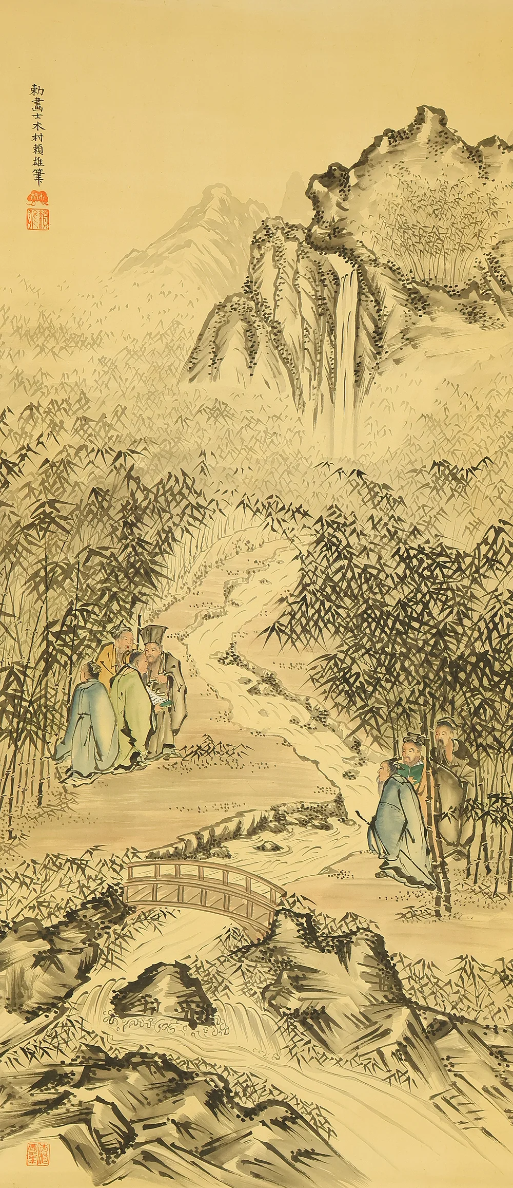 木村頼雄 Kimura Raiyu Japanese art kakejiku kakemono wall hanging scroll / Seven Sages in Bamboo Grove and Valley Landscape with Box RE132 - Image 4