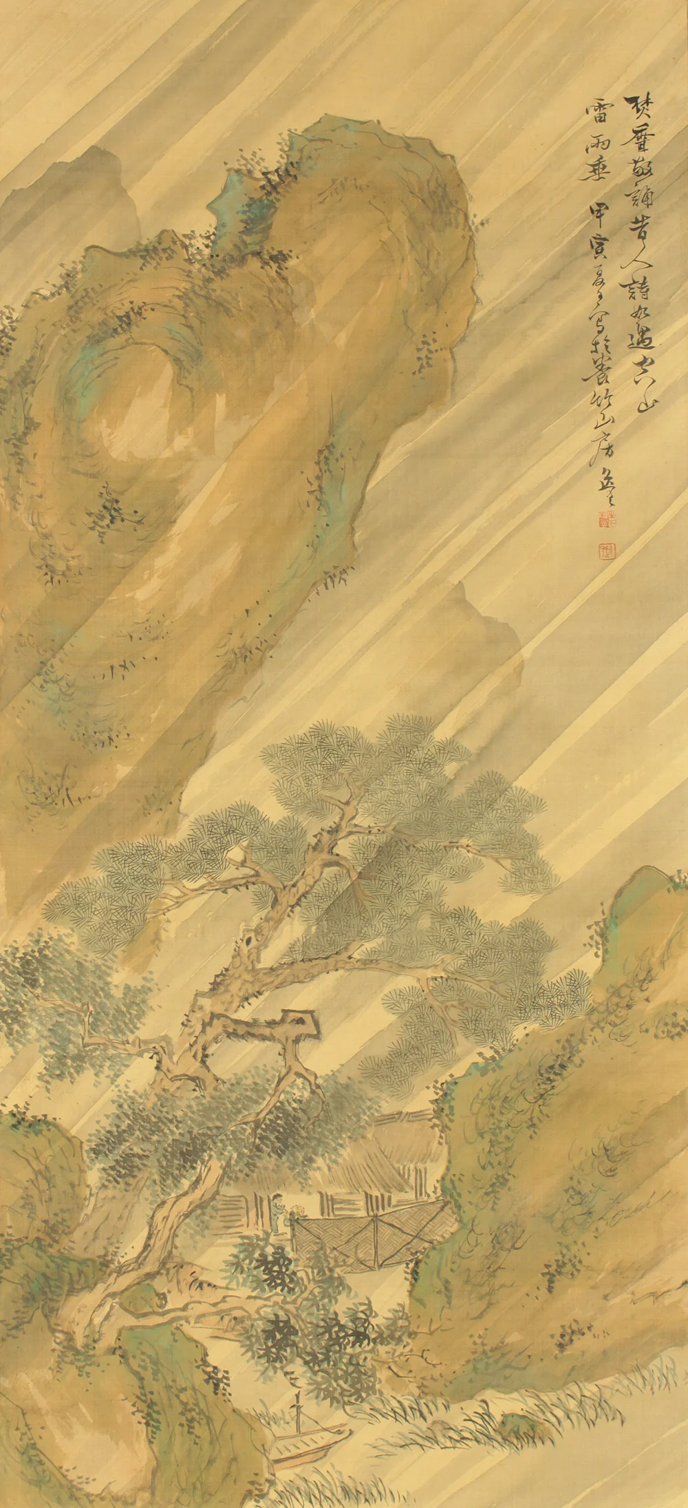 木下逸雲 Kinoshita Itsuun (1800-1866) Japanese art kakejiku kakemono wall hanging scroll / Thunderstorm Rain Landscape Young People in House RC908 - Image 4