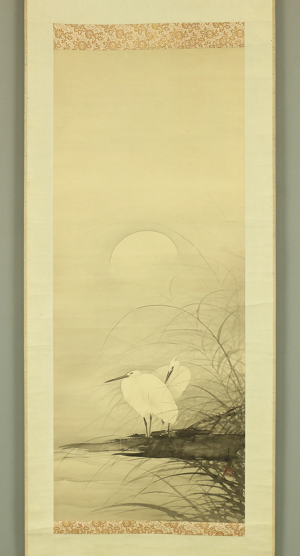 北川金鱗 Kitagawa Kinrin (b1874) Japanese art kakejiku kakemono wall hanging scroll / Moon and Heron Night Waterside with Box RA817 - Image 3