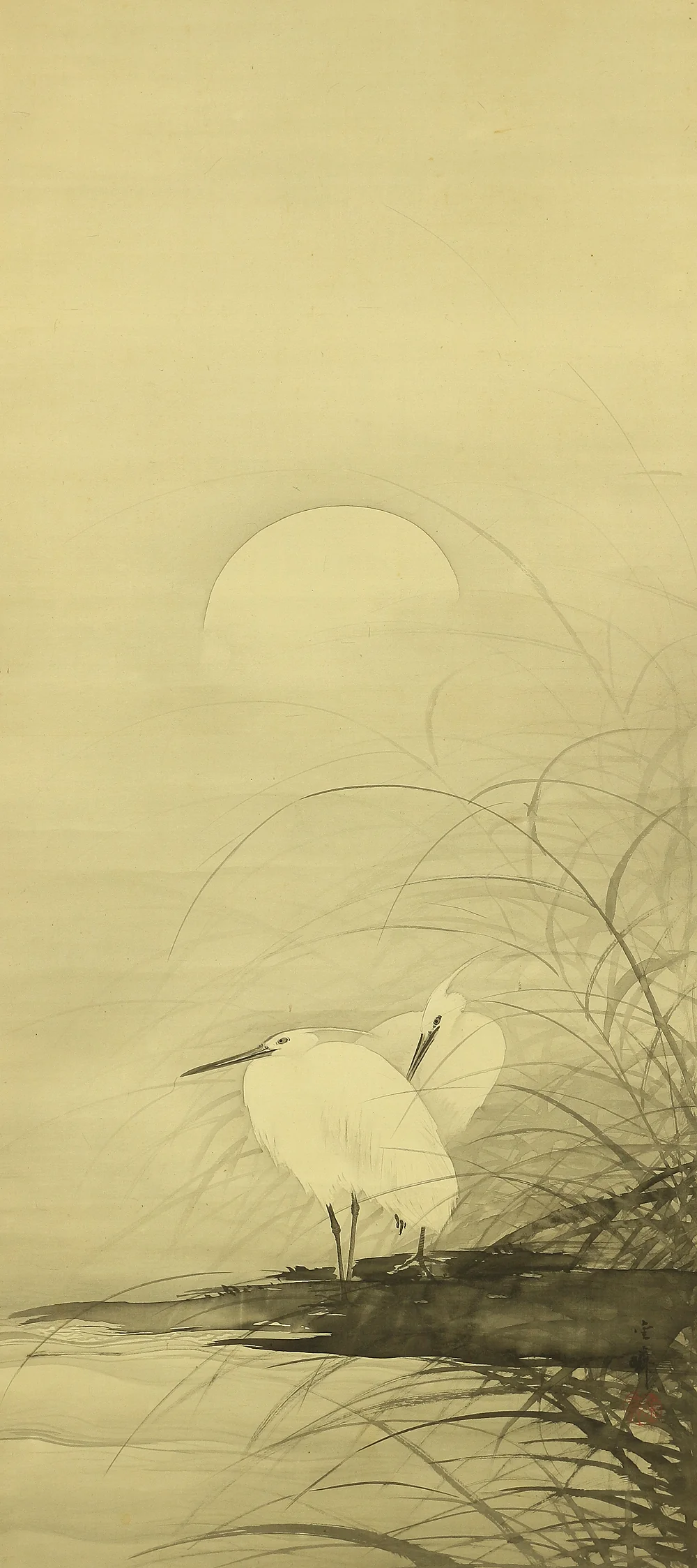 北川金鱗 Kitagawa Kinrin (b1874) Japanese art kakejiku kakemono wall hanging scroll / Moon and Heron Night Waterside with Box RA817 - Image 5