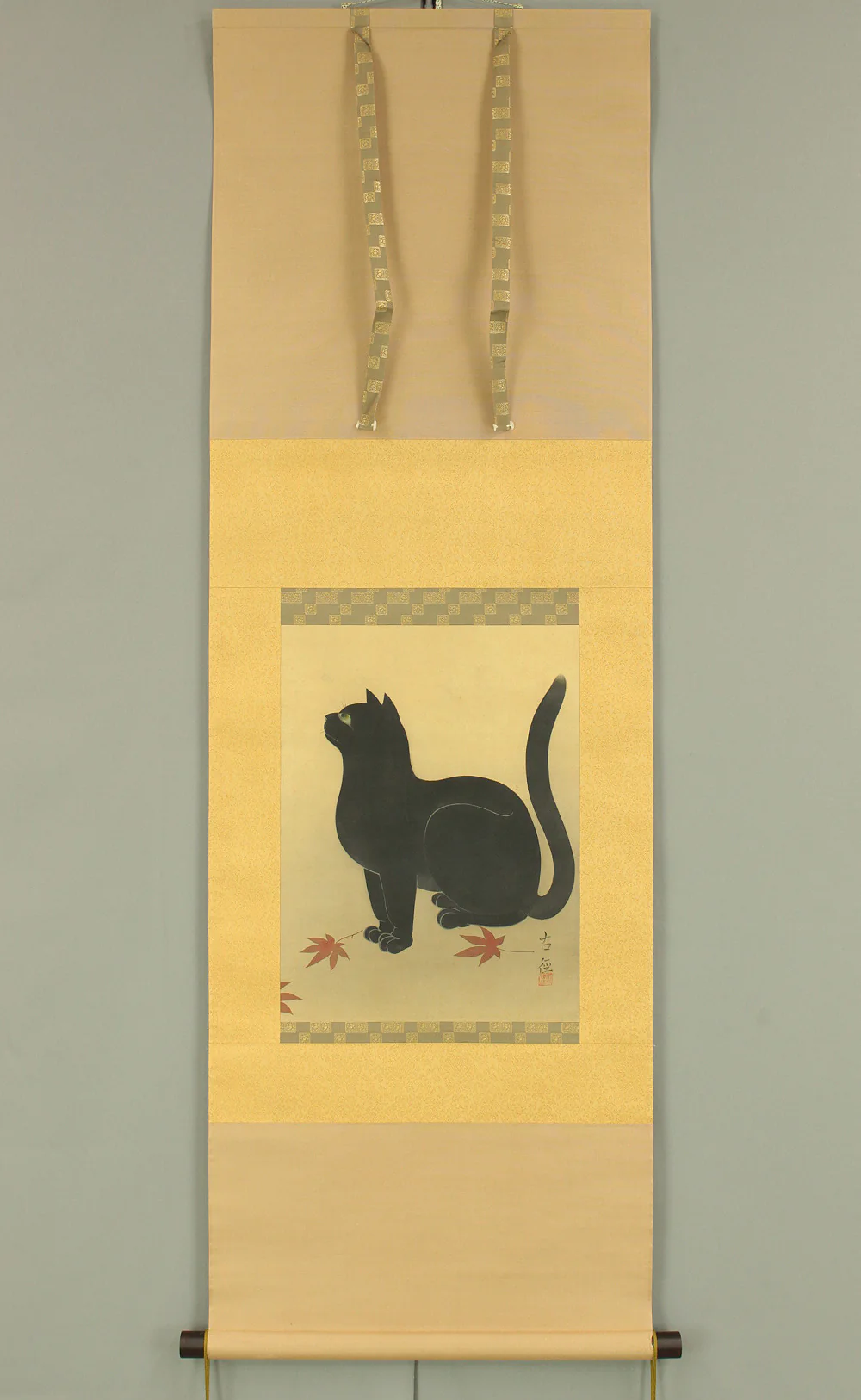 小林古径 Kobayashi Kokei (1883-1957) Japanese art kakejiku kakemono wall hanging scroll / Maple Leaves and Black Cat with Appraised Box RD794 - Image 2