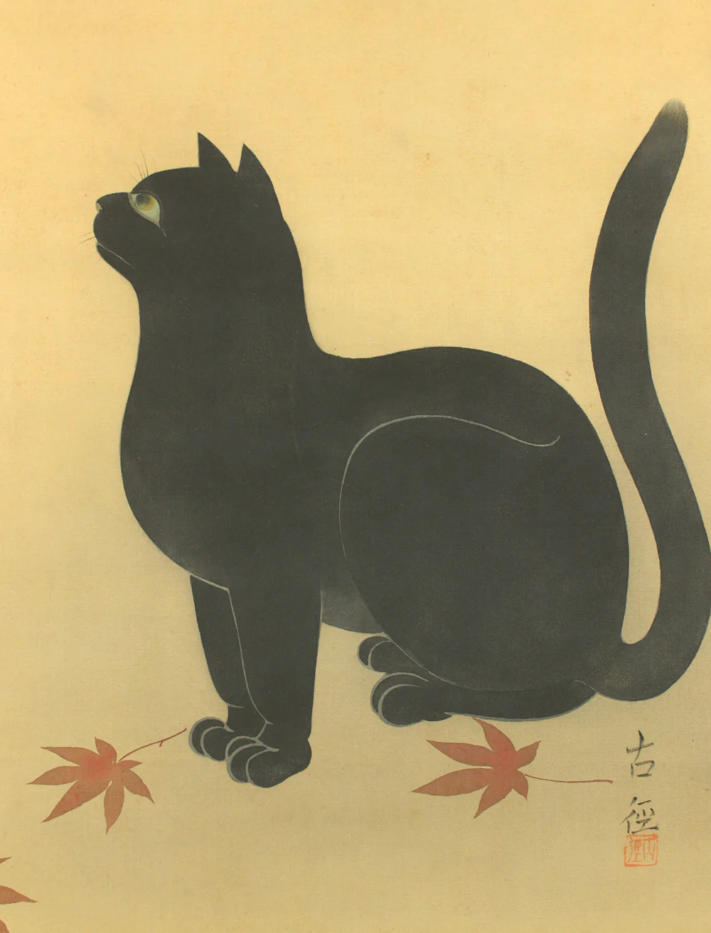 小林古径 Kobayashi Kokei (1883-1957) Japanese art kakejiku kakemono wall hanging scroll / Maple Leaves and Black Cat with Appraised Box RD794 - Image 4