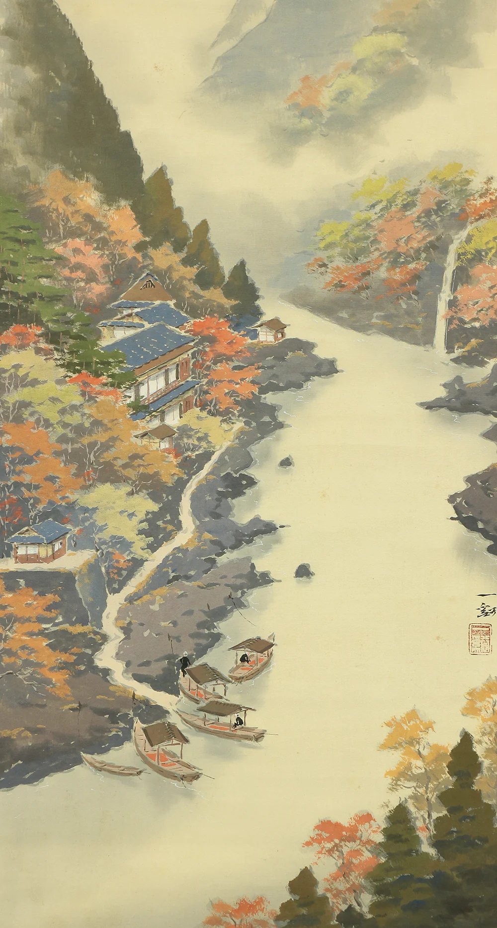 小島一谿 Kojima Ikkei (1899-1974) Japanese art kakejiku kakemono wall hanging scroll / Autumn Scenery Mountains River Yakatabune (Houseboat) Waterfall Red Leaves with Box RC530 - Image 7
