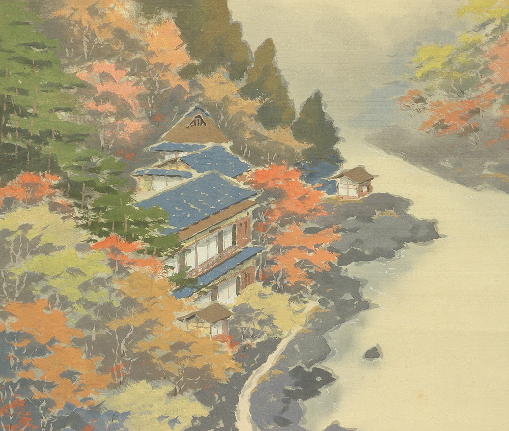 小島一谿 Kojima Ikkei (1899-1974) Japanese art kakejiku kakemono wall hanging scroll / Autumn Scenery Mountains River Yakatabune (Houseboat) Waterfall Red Leaves with Box RC530 - Image 9