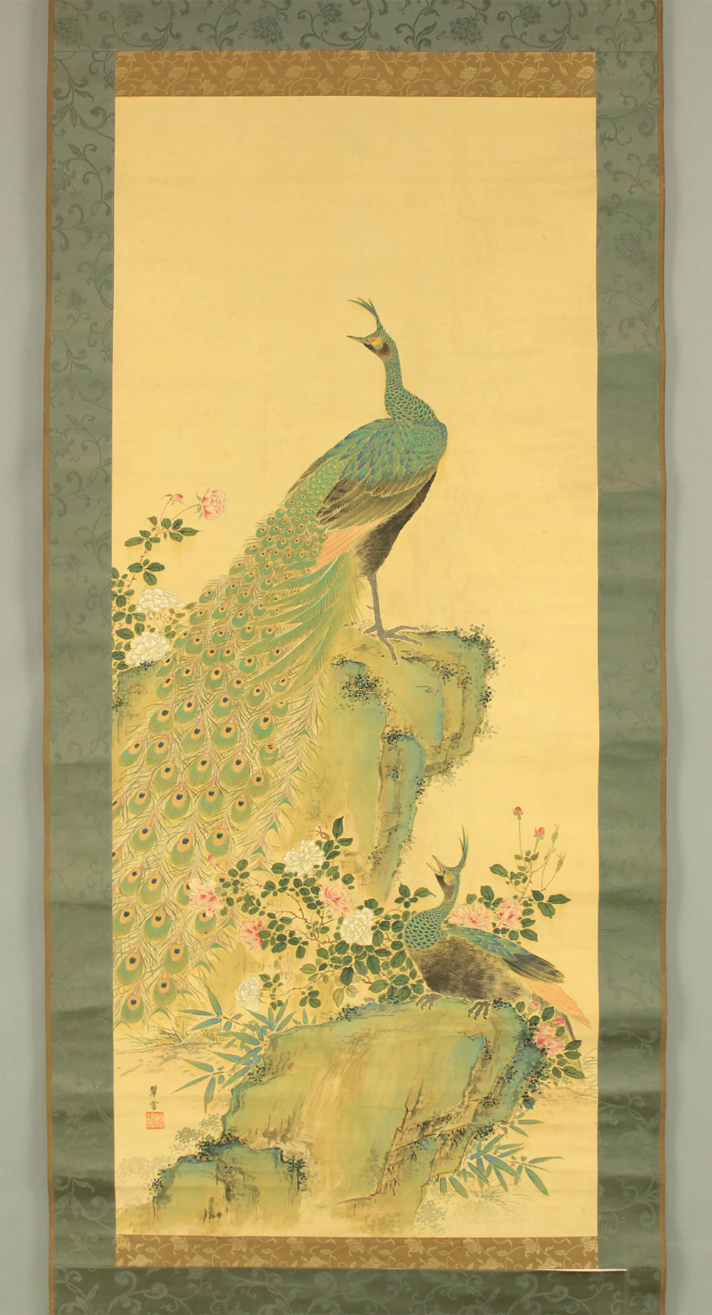小室翠雲 Komuro Suiun (1874-1945) Japanese art Large kakejiku kakemono wall hanging scroll / Pair of Peacock on Rock with Appraised Box RD755