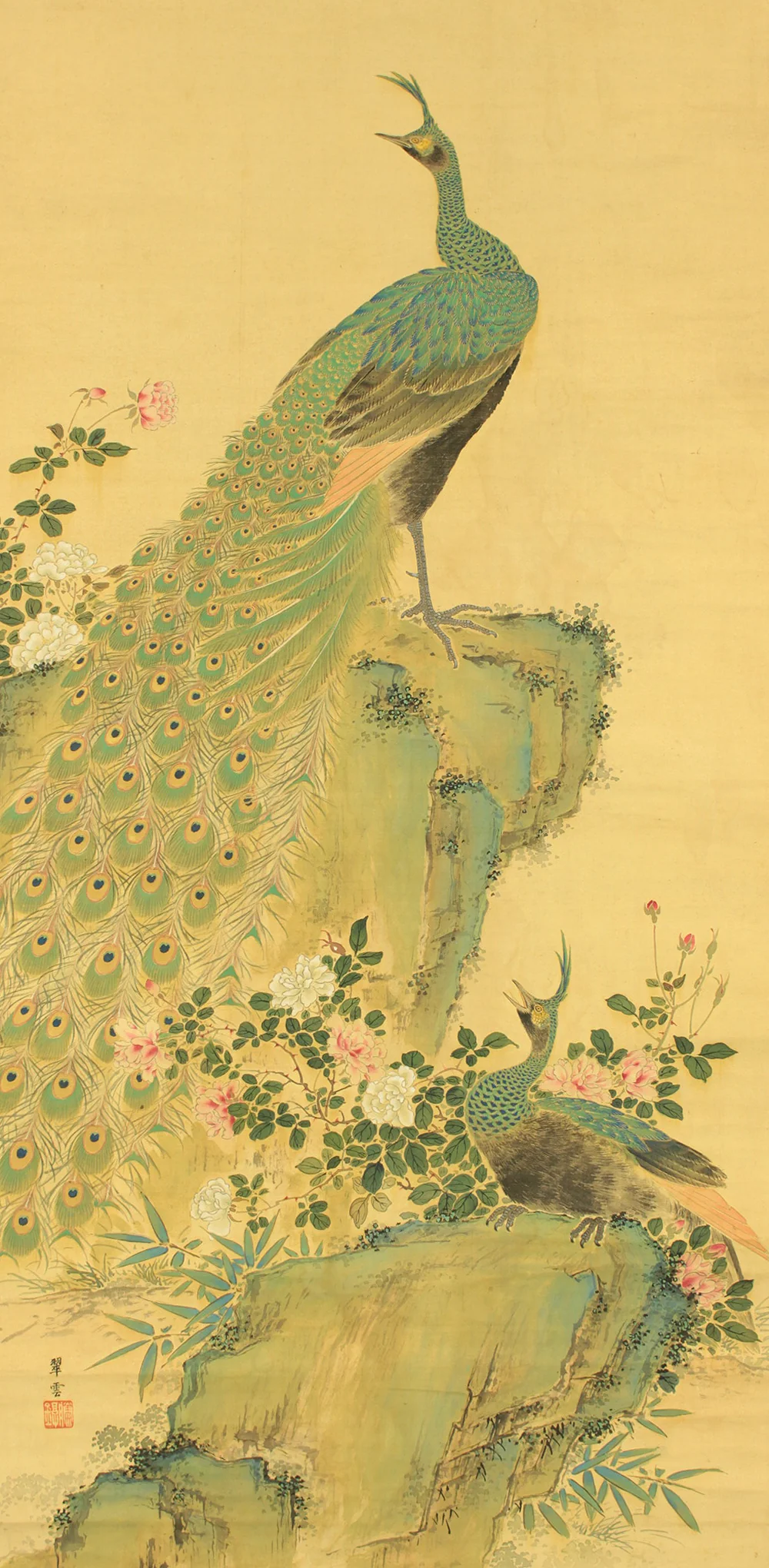 小室翠雲 Komuro Suiun (1874-1945) Japanese art Large kakejiku kakemono wall hanging scroll / Pair of Peacock on Rock with Appraised Box RD755 - Image 4