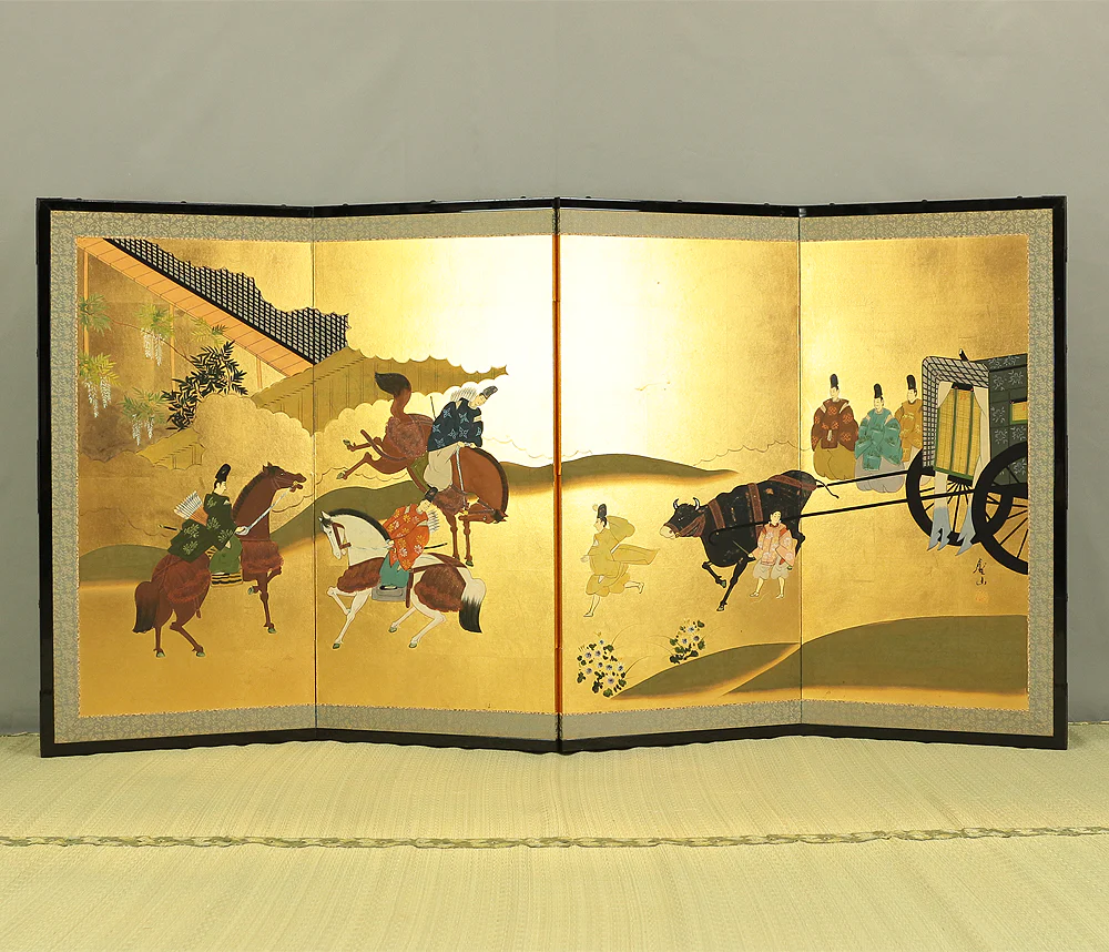 葛谷聖山 Kuzuya Seizan (b1930) Japanese Small Room Divider Byobu 4 panels Folding Screen / Genji Monogatari (Tale of the Genji) VA598