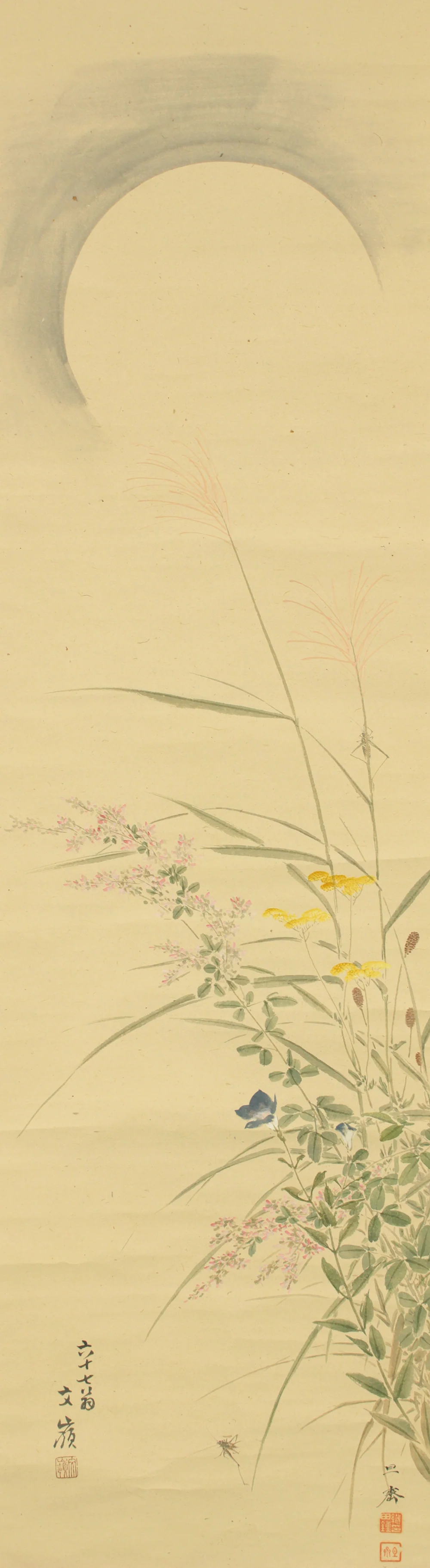前川文嶺 Maekawa Bunrei (1837-1917) 織田旦斎 Oda Tansai (1879-1966) Japanese antique art Paired kakejiku kakemono wall hanging scrolls / Sun and Moon, Cherry Blossoms, Autumn Grasses with Original Box (Tomobako) RC755 - Image 16